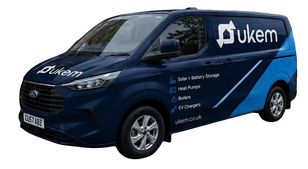 UKEM Group branded installation van: Solar + Battery Storage, Heat Pumps, Boilers, EV Chargers