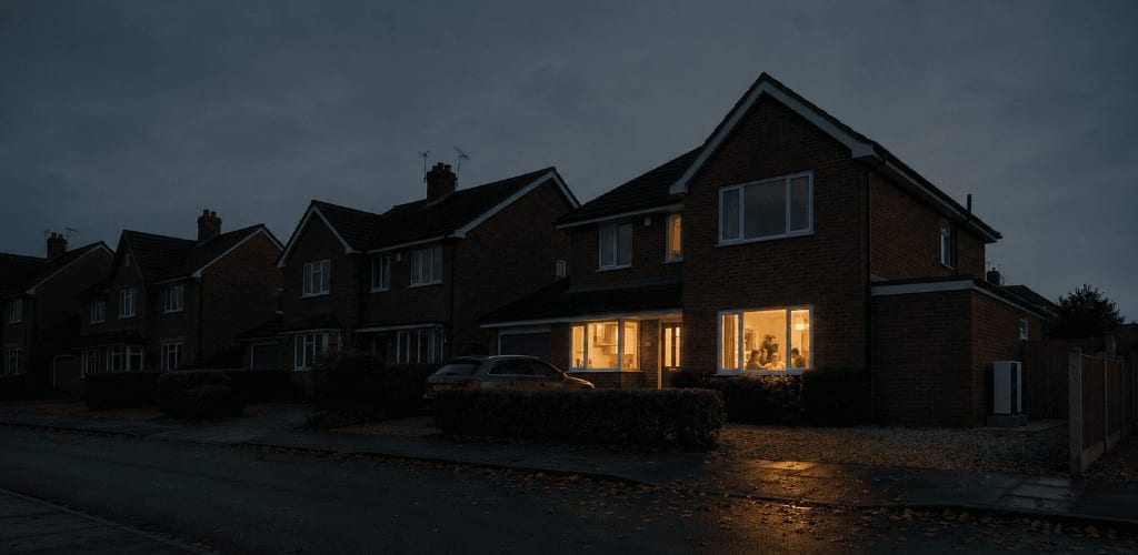 Brick house glowing with indoor light during a nighttime power cut, neighbouring homes dark on a UK suburban street.
