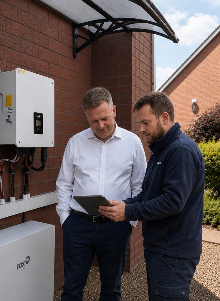 UKEM engineer showing a homeowner their new Fox ESS battery and inverter on a tablet at handover