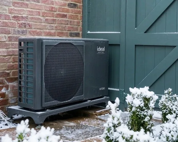 Ideal HP290 heat pump installed beside a UK home in winter snow