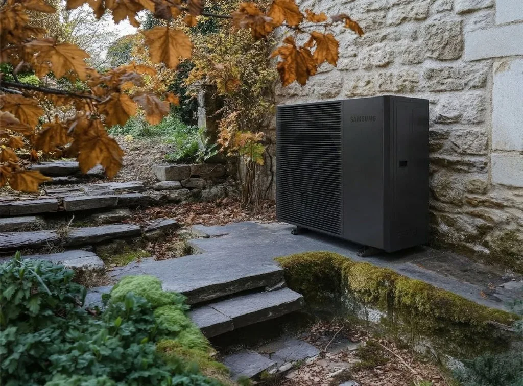 Samsung R290 Gen 7 heat pump installed beside a stone-walled UK home
