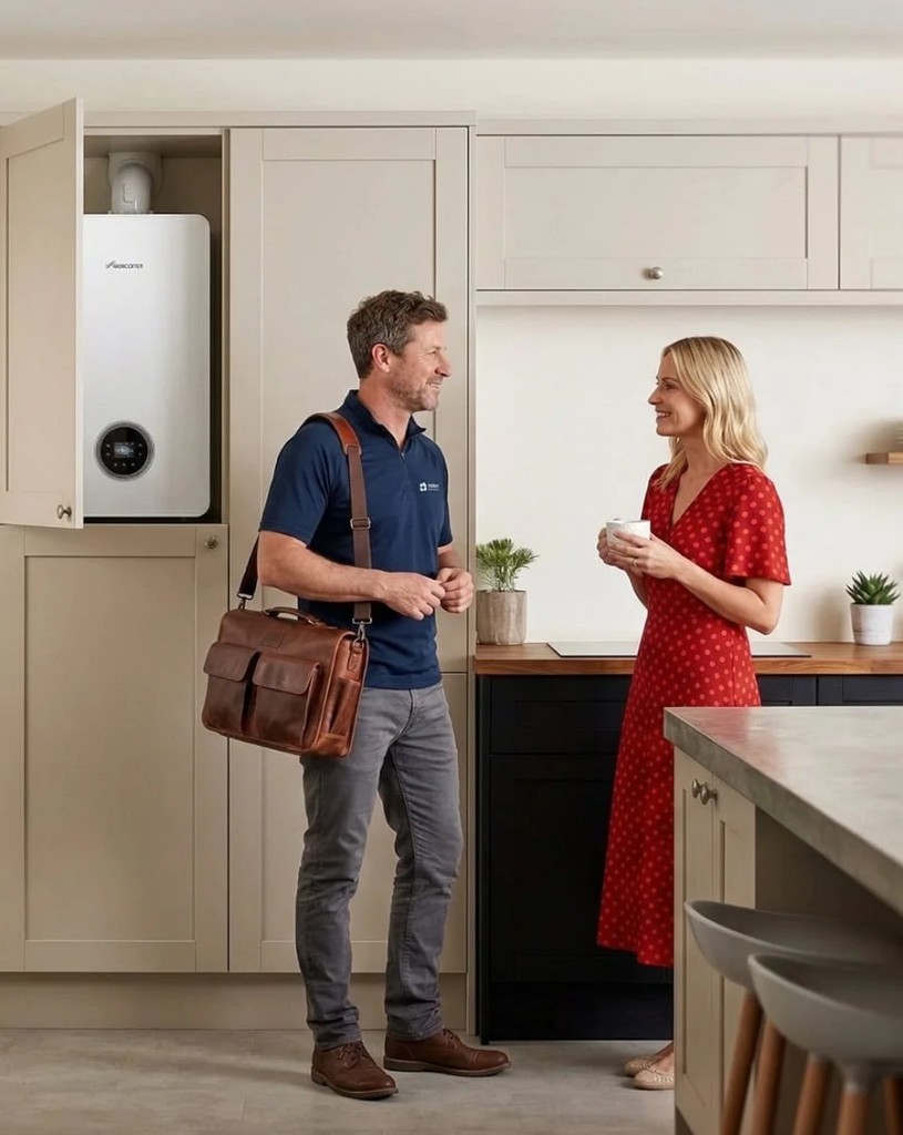 UKEM engineer with a tool bag speaking to a homeowner in a modern kitchen, wall-mounted boiler visible inside a cabinet