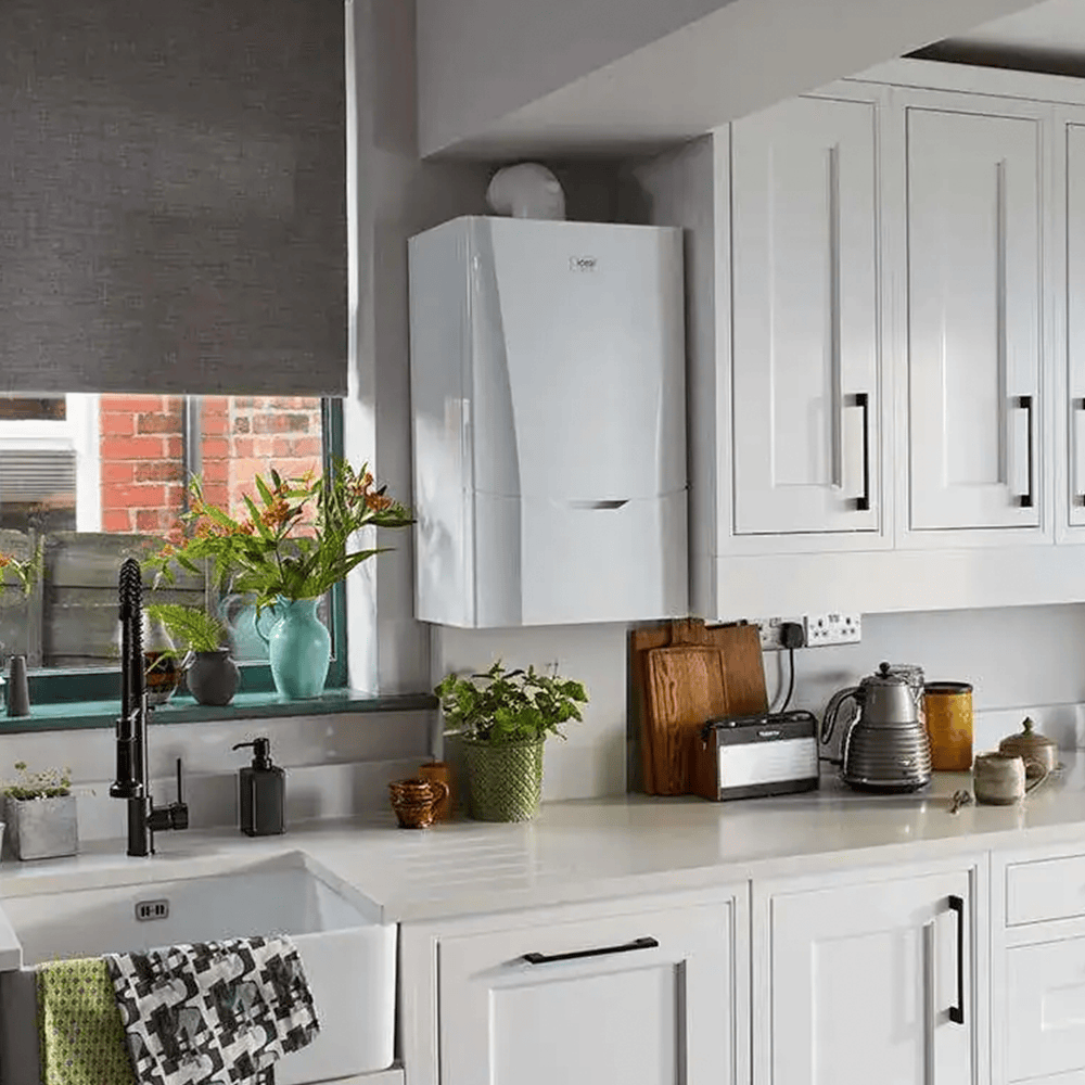 Ideal Vogue Max gas combi boiler newly installed by UKEM in a UK kitchen, A-rated and up to 10-year manufacturer warranty