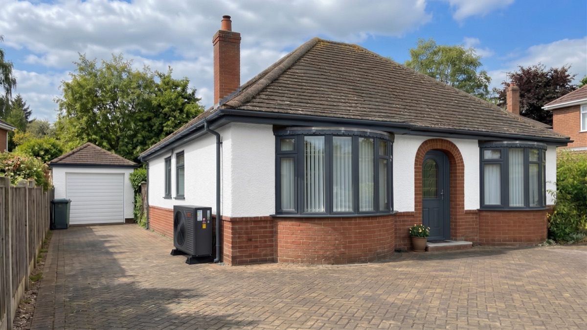 Air source heat pump installed beside the driveway of a white rendered UK bungalow