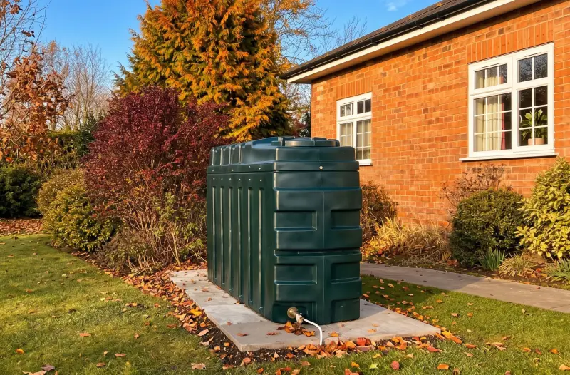 Green heating oil tank on a paved base in the garden of a red-brick UK bungalow