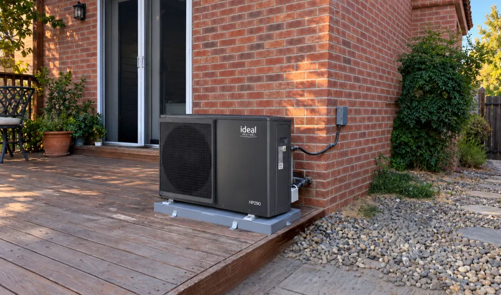 Ideal air source heat pump on a base beside the brick wall and decking of a bungalow