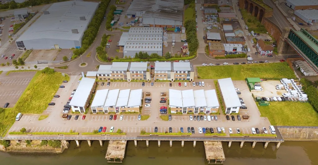 Aerial view of Quay West Business Village in Sunderland, home to the UKEM head office
