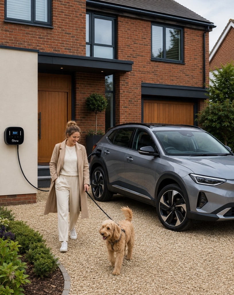 Driver charging an electric car at home