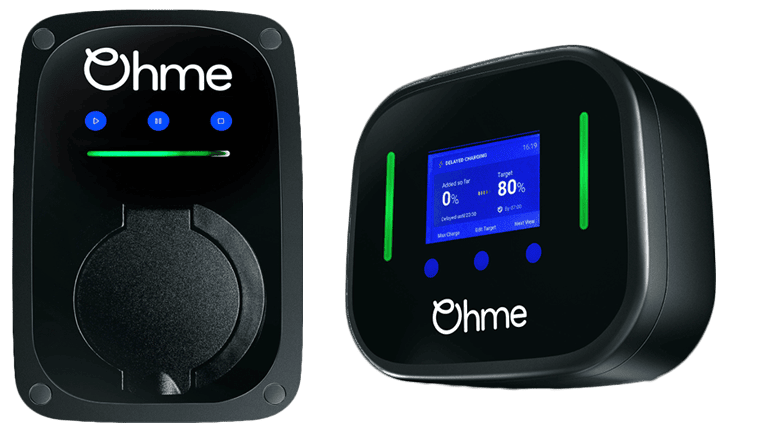Ohme ePod (left) and Ohme Home Pro with screen showing a delayed charging schedule (right). Both are OZEV-approved smart home EV chargers eligible for the EV Chargepoint Grant.