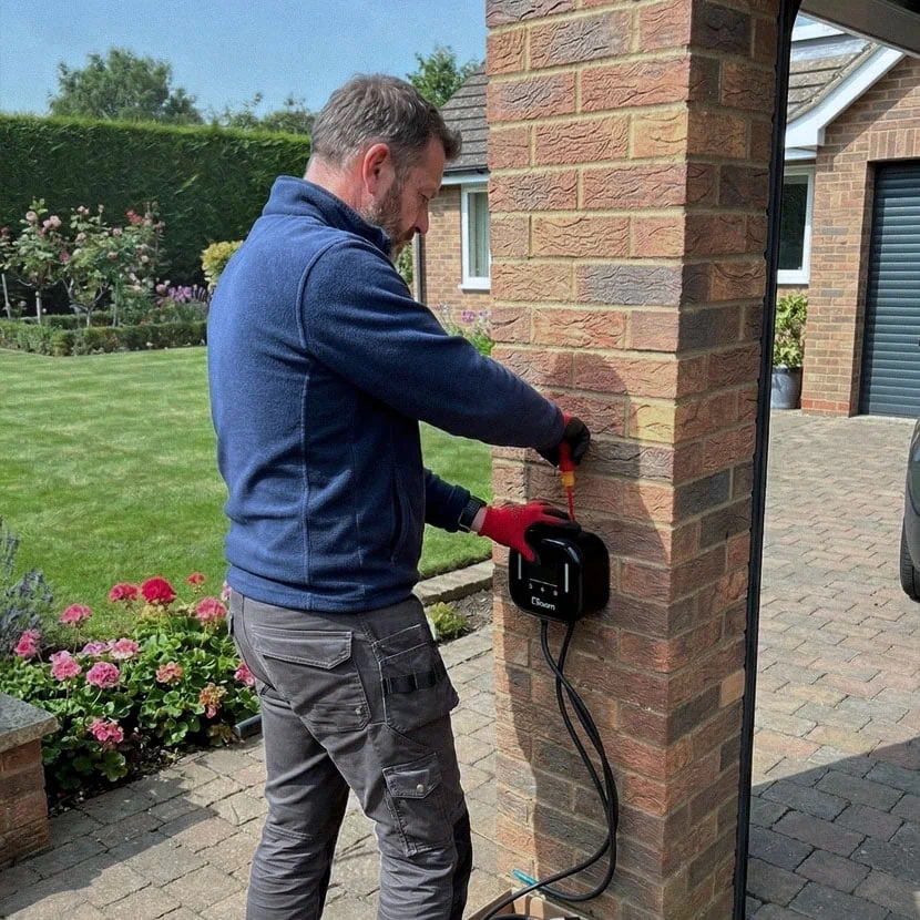 Technician installing an Ohme Home Pod EV charger on an exterior wall