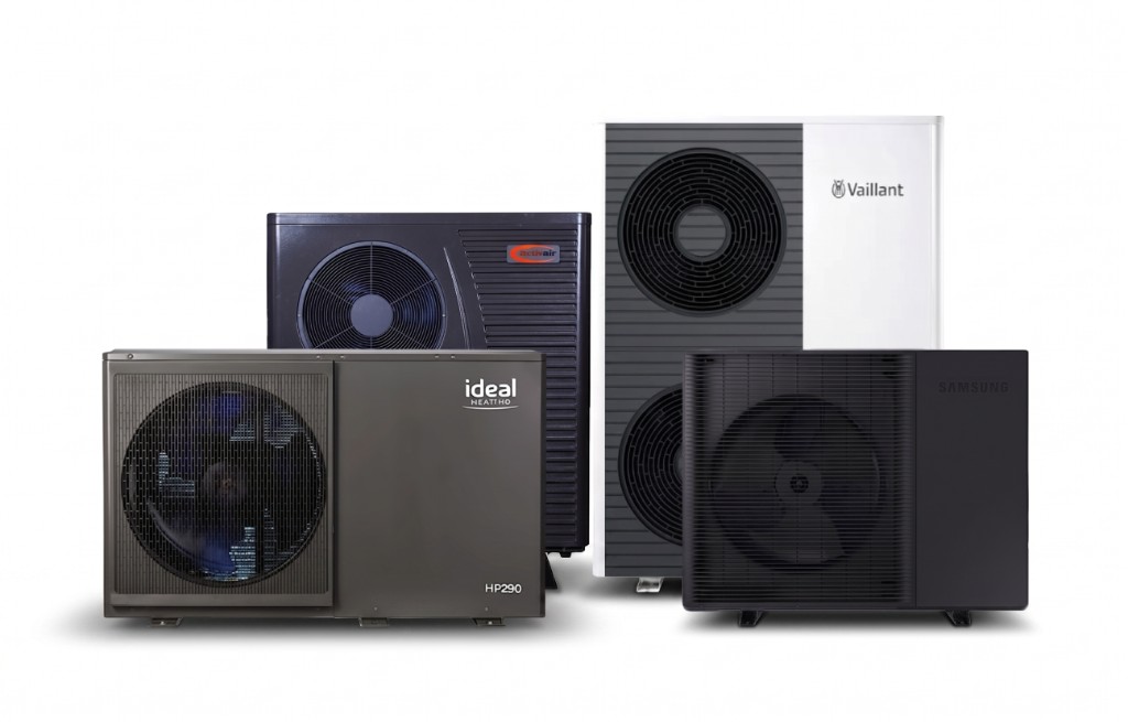 Outdoor air source heat pump units: Ideal HP290, Vaillant, Samsung, and Trianco Activair, on white