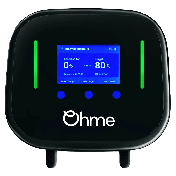 Ohme Home Pro smart EV charger with blue display showing delayed charging schedule and green status LEDs, manufacturer product shot