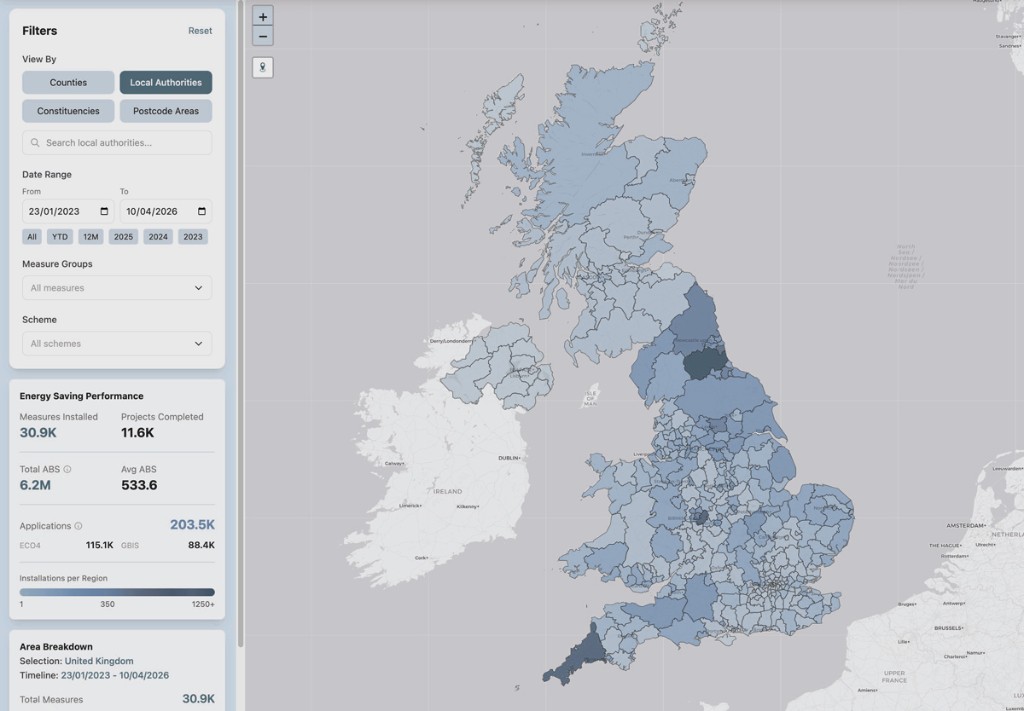 UK heatmap showing UKEM completed grant installations