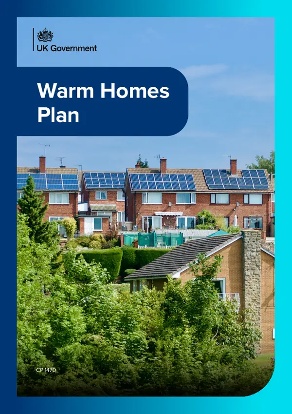 Cover of the government's Warm Homes Plan, showing semi-detached homes with solar panels