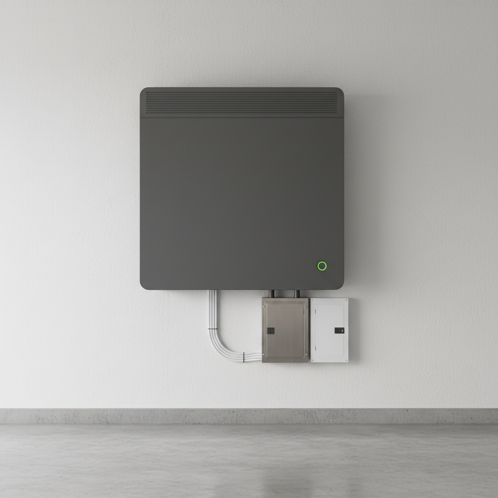 Home battery storage unit installed alongside solar in a UK garage