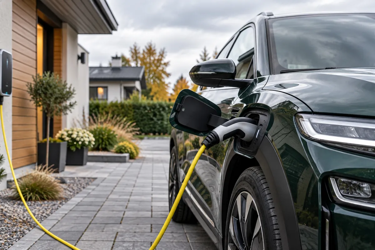 Electric SUV plugged into a wall-mounted charger on a home driveway