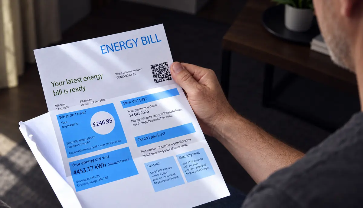 Man at home reading a paper energy bill showing his electricity and gas charges and energy use