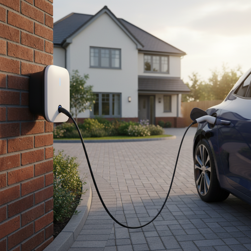 UK home EV charger installed on a driveway, complementing the 120,000-strong public network