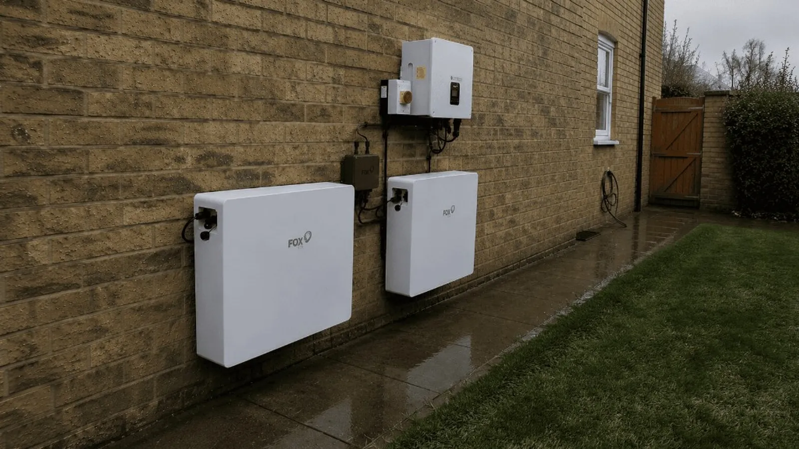 Two Fox ESS EP12 home batteries and hybrid inverter installed on the side of a UK home