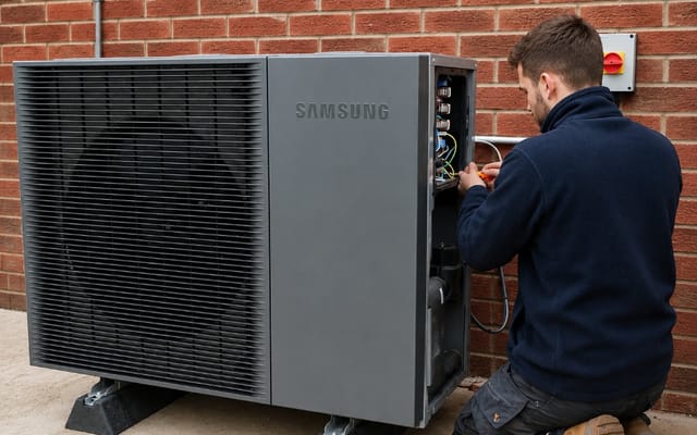 UKEM engineer wiring a Samsung air source heat pump at a UK home