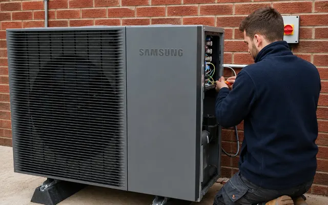 UKEM engineer commissioning a Samsung R290 air source heat pump during a UK home installation