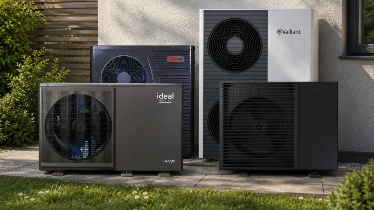 Range of Samsung, Vaillant, Ideal and other air source heat pumps outside a UK home