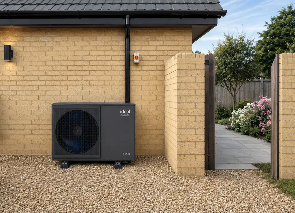 Ideal HP290 air source heat pump installed against the brick wall of a UK semi-detached home