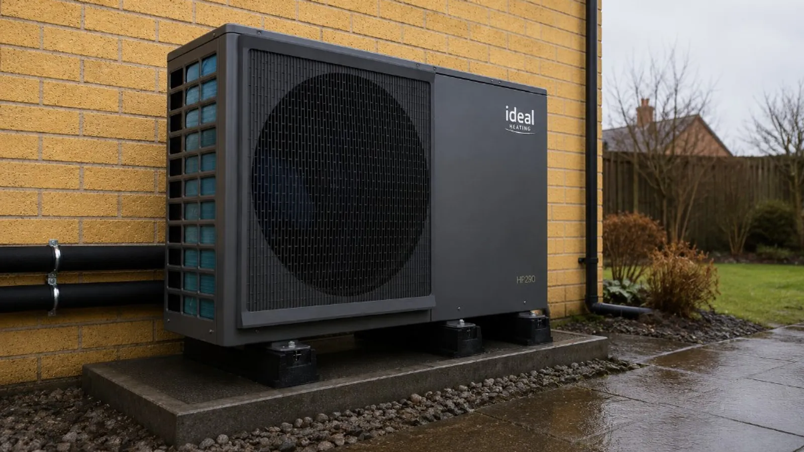 Ideal HP290 air source heat pump installed on a low concrete plinth against the yellow brick wall of a UK home, with pipework run neatly to the wall