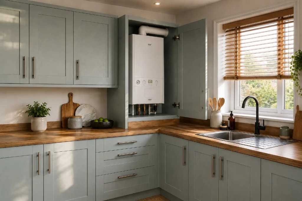 Ideal Logic combi boiler installed in a UK kitchen cupboard, the type of modern condensing unit sized for everyday heating and hot water