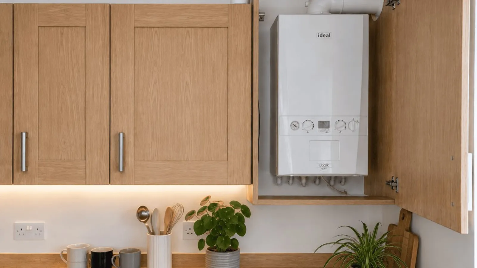 Ideal Logic combi boiler installed in a UK oak-fronted kitchen cupboard