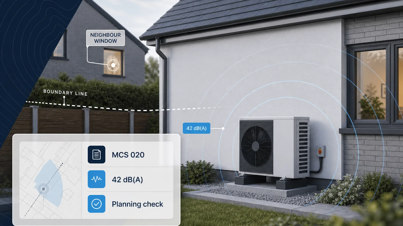 Editorial illustration of a UK heat pump installation with MCS 020 planning and 42 dB(A) acoustic check overlays