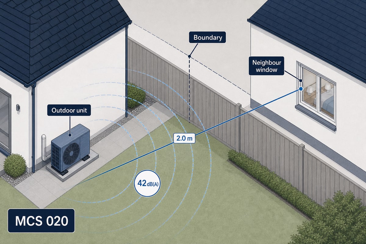 Diagram showing an outdoor heat pump unit, property boundary, neighbour window, and 42 dB(A) MCS 020 sound assessment line