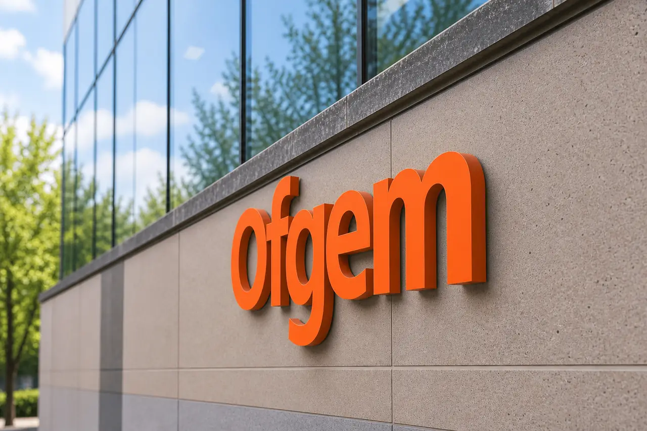 Ofgem sign on the regulator's building, the office that sets the UK energy price cap