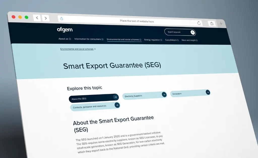 Ofgem Smart Export Guarantee scheme page on gov.uk, explaining how small-scale generators register for export payments