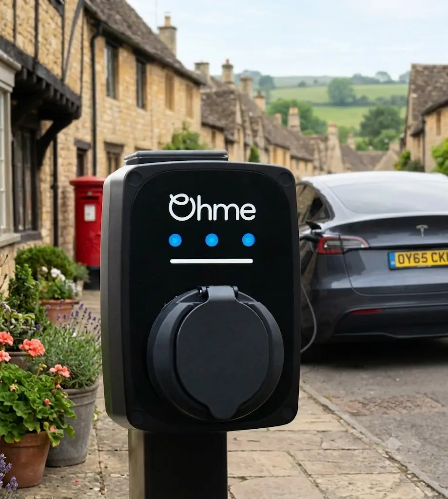 Ohme Home Pro smart EV charger on a stone village street in the UK with a Tesla plugged in and charging