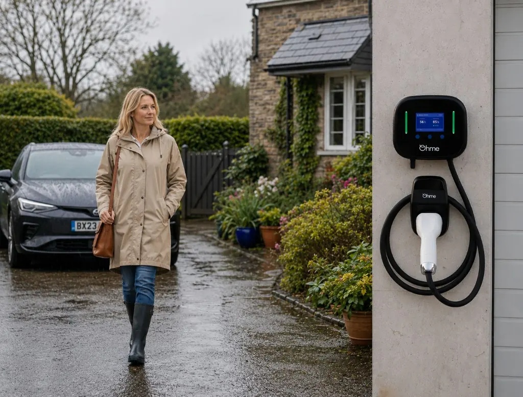 Ohme Home Pro wall-mounted EV charger on a UK home driveway with a Volkswagen ID.4 plugged in