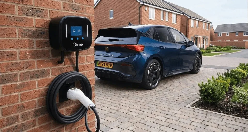 Ohme Home Pro smart charger installed on a UK driveway, eligible for the £500 OZEV chargepoint grant