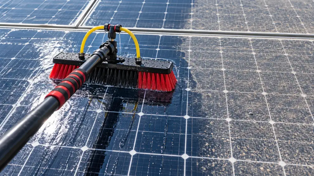 Soft water-fed brush on a solar panel, with rinsed dark glass on the left and a film of dust still covering the right