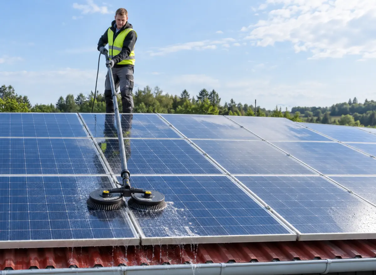 Professional cleaner in a hi-vis vest washing a large solar array with a rotating twin-brush head on a pole