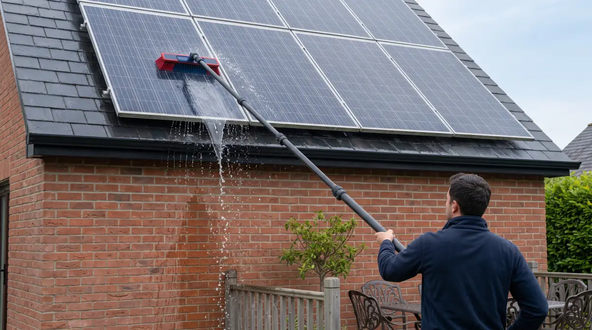 Solar panels on a UK brick home being cleaned from the ground with a soft brush on a long water-fed pole