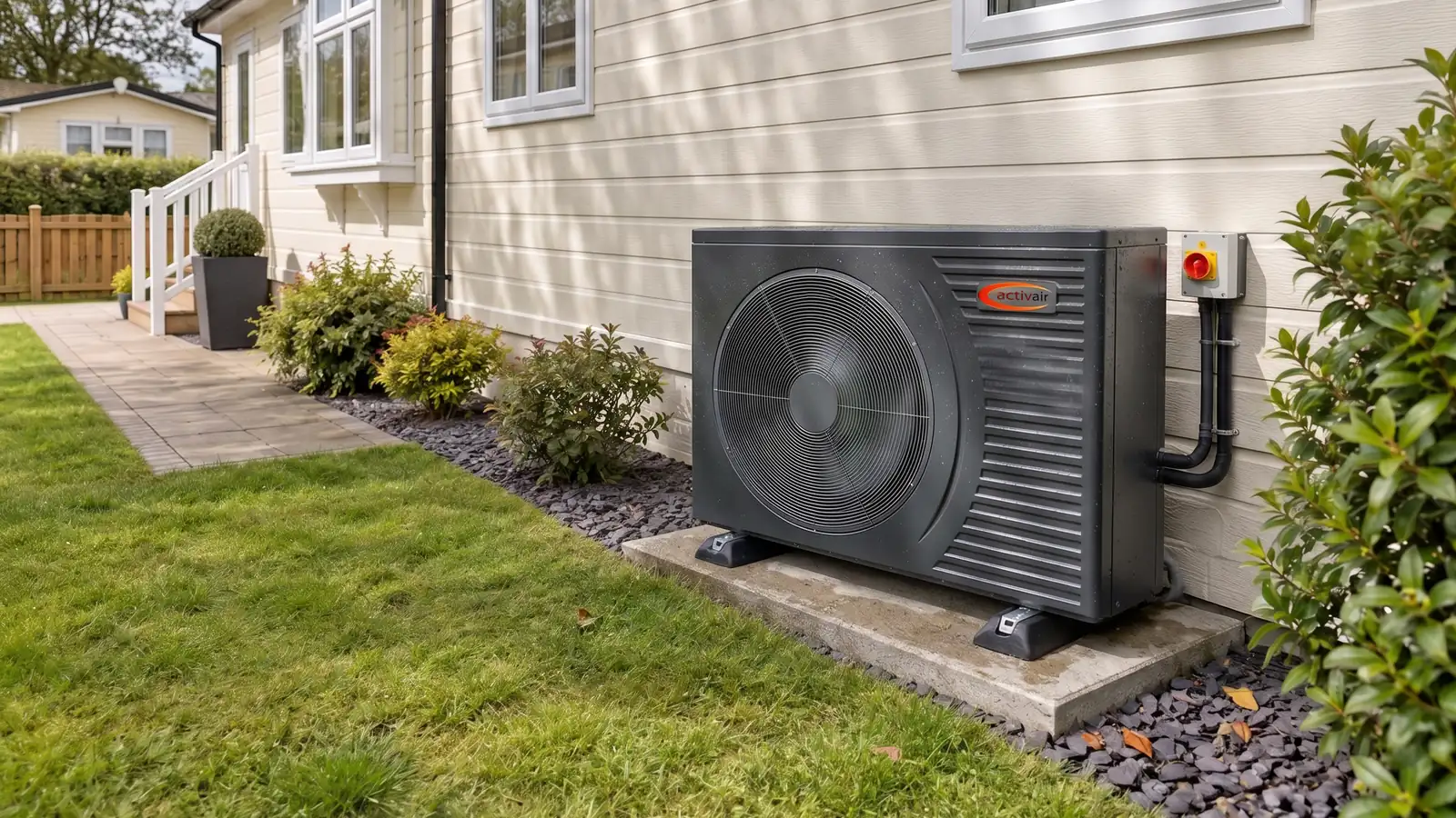 Trianco Activair air source heat pump on a concrete pad beside a residential park home