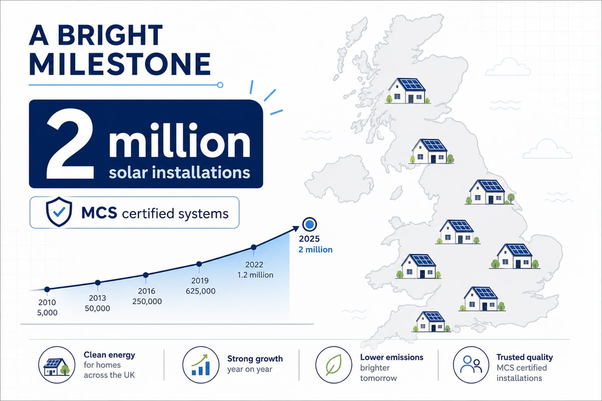 Infographic showing the UK passing 2 million solar installations and MCS certified solar systems across the country