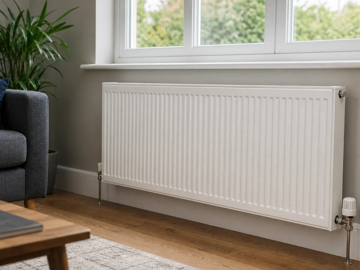 Large white double-panel radiator with a thermostatic valve under a window in a UK living room, the type of emitter sized for heat pump flow temperatures