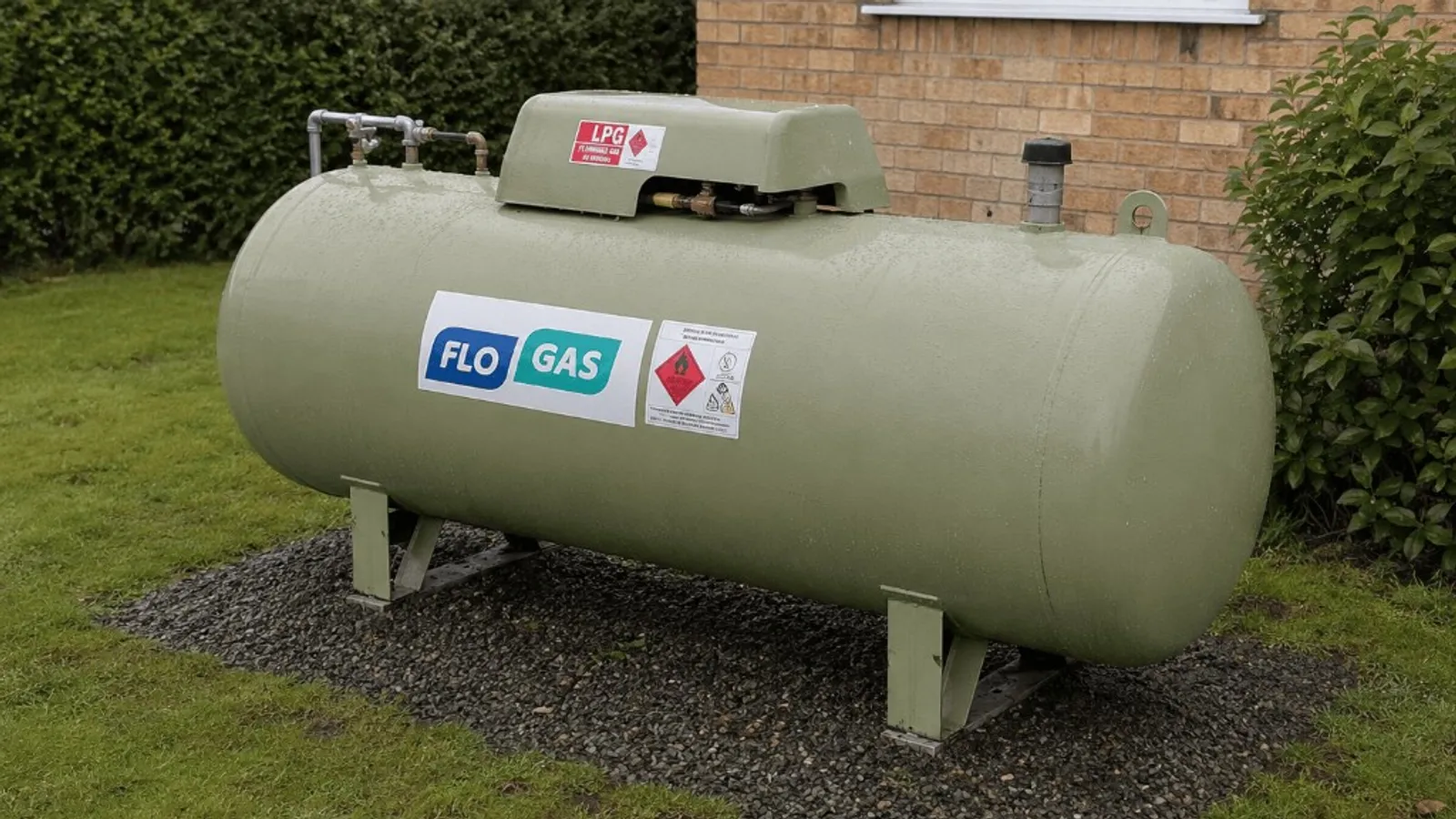 LPG fuel tank installed outside a UK home, illustrating an off-gas-grid property that may use oil or LPG heating today
