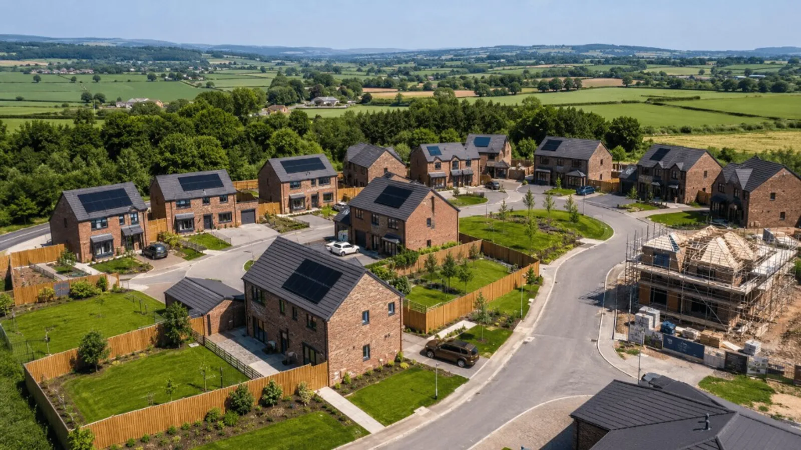 Aerial view of a UK rural new-build estate with solar panels, illustrating the homes eligible for energy grants in 2026