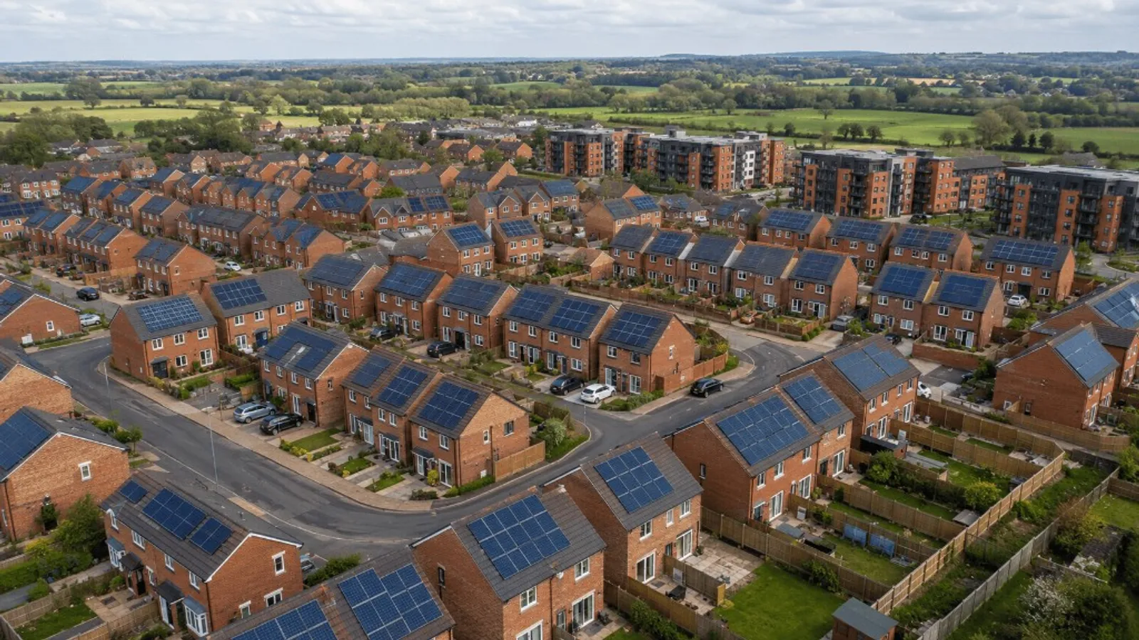 Aerial view of a UK suburban estate with solar panels installed on almost every home, marking the country passing 2 million solar installations