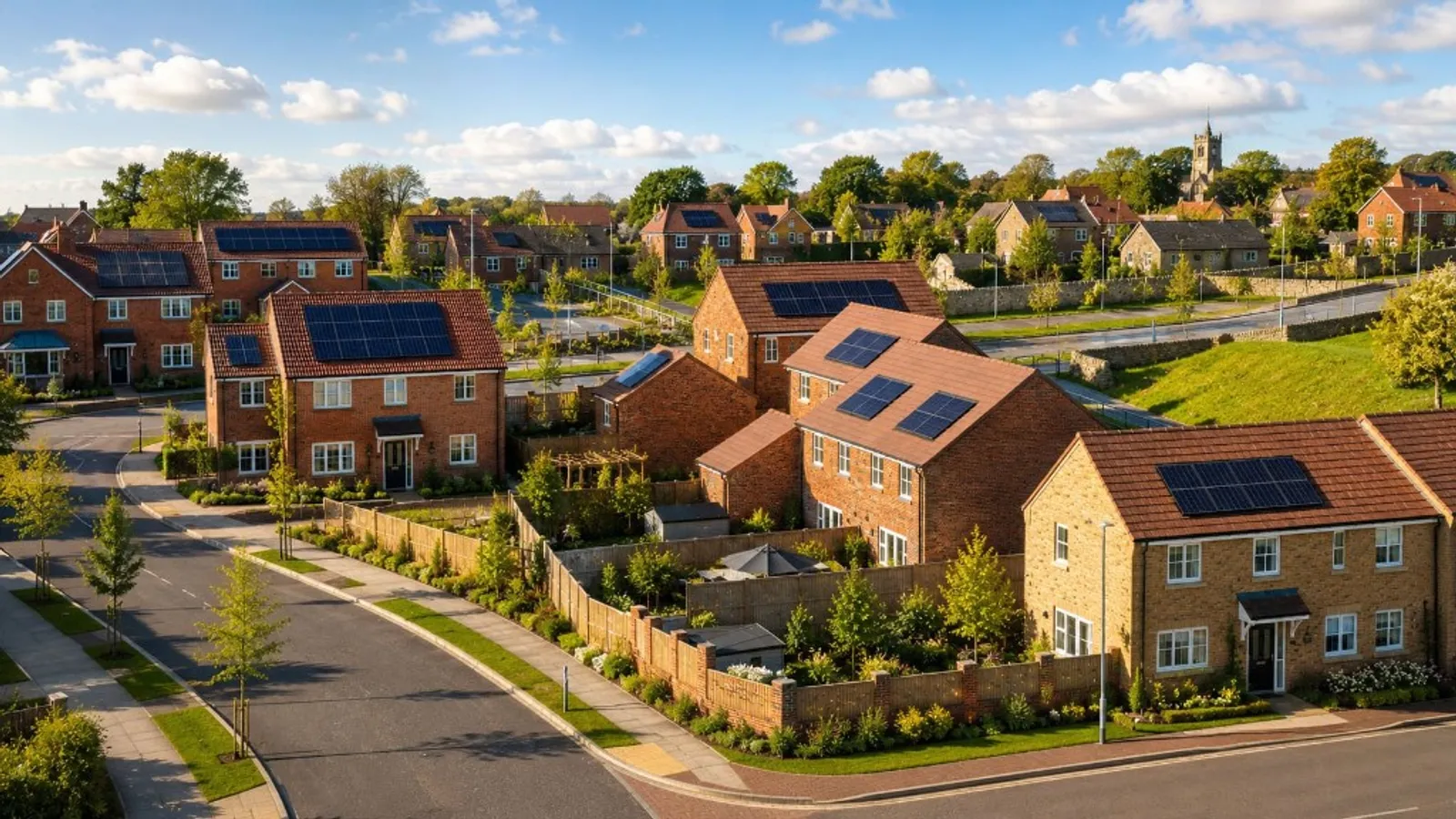 Aerial view of a UK village with a mix of homes, some fitted with solar panels under home energy grant schemes
