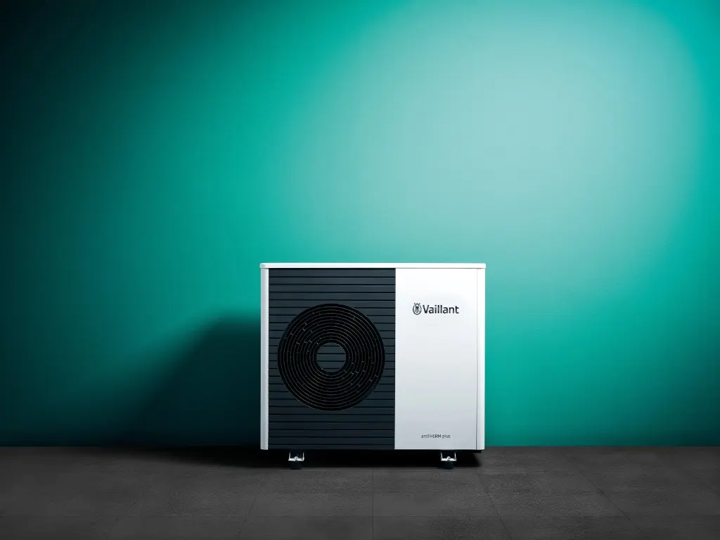 Vaillant aroTHERM plus air source heat pump installed against a modern UK bungalow with garden space for the outdoor unit