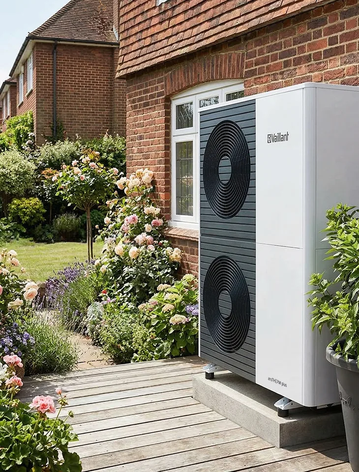 Vaillant Arotherm Plus heat pump installed at a UK brick home with garden