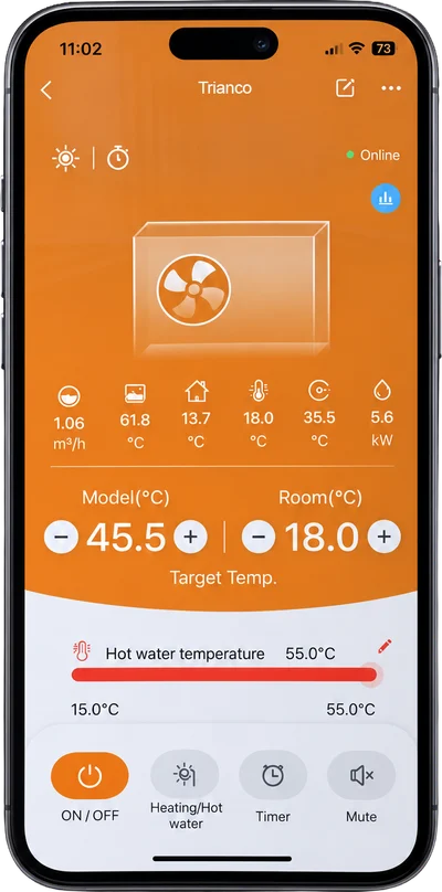 Trianco heat pump app on a phone